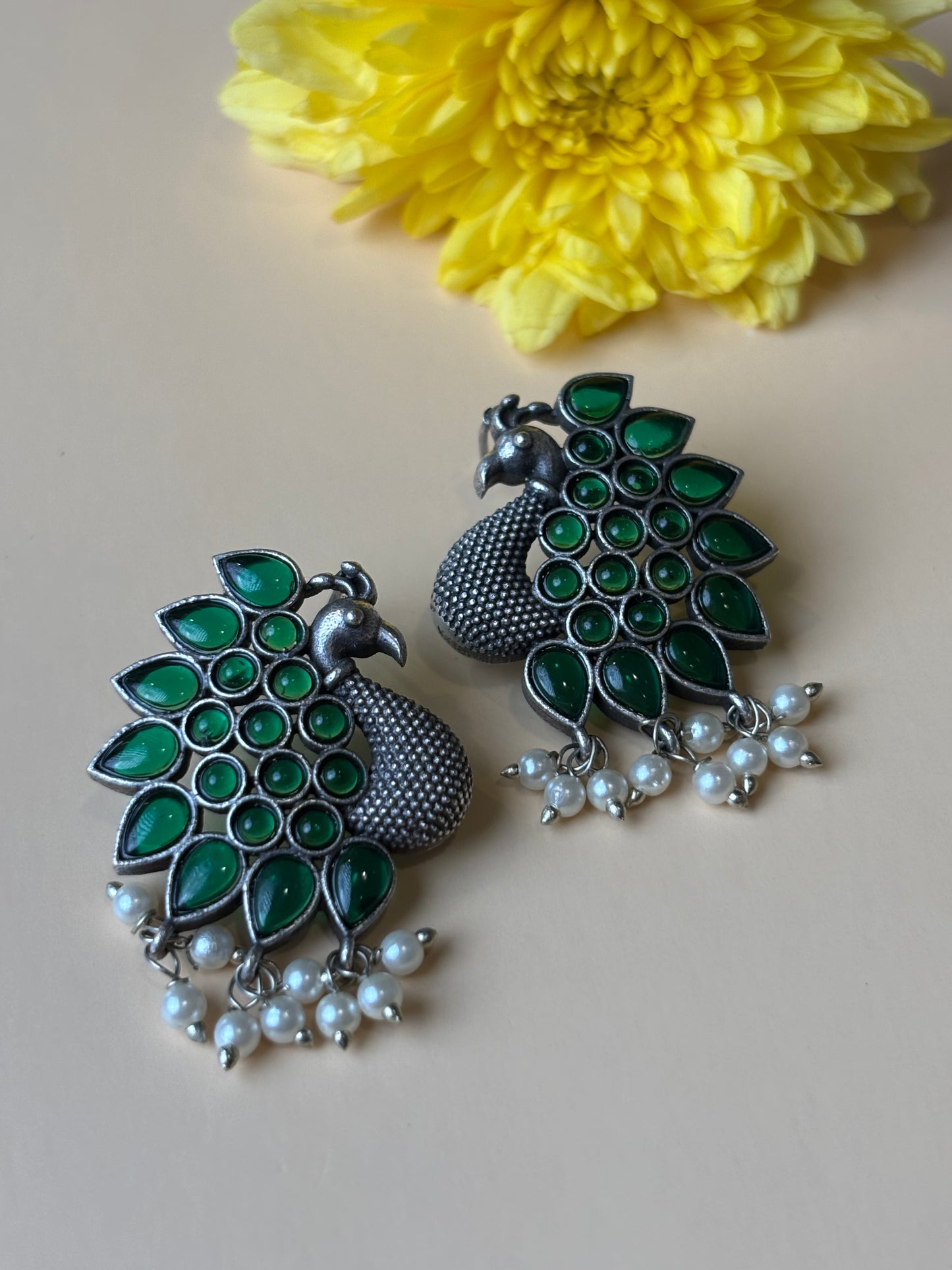 Mohini Green stone peacock oxidized earring