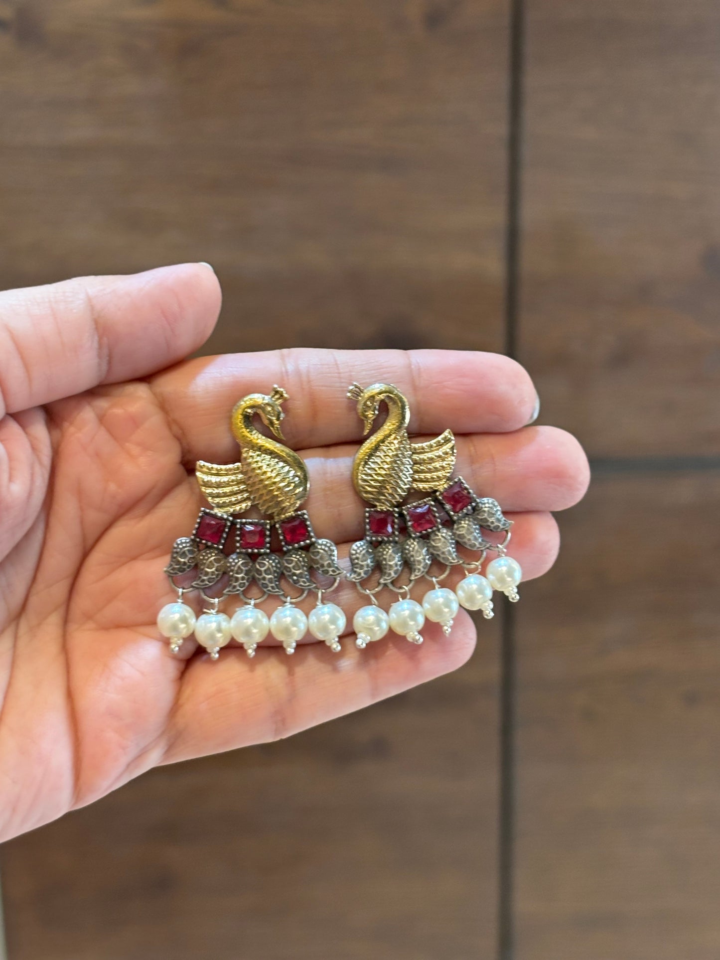 Vrishika Swan shape Pink stone Dual Tone earrings