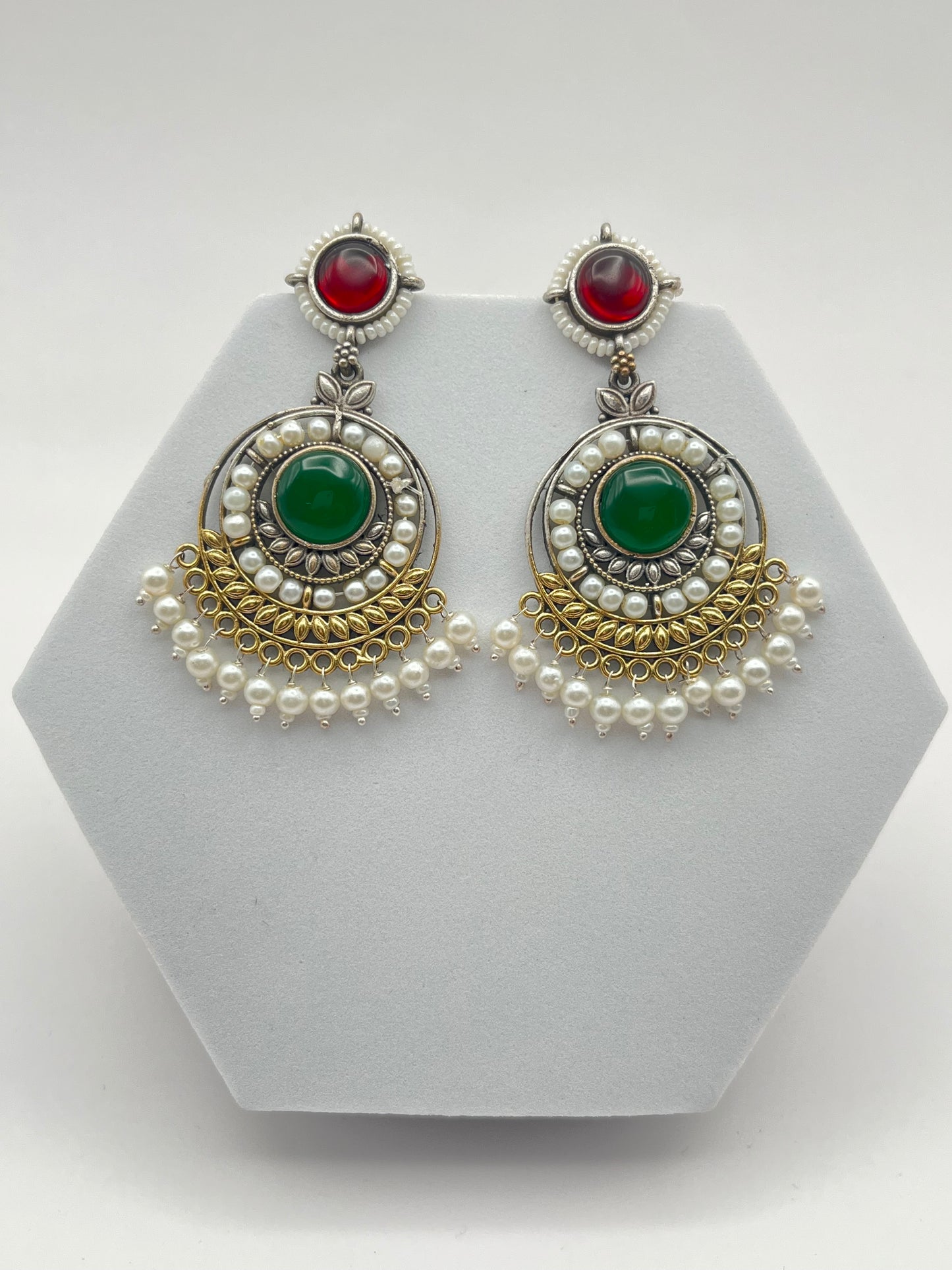 Priyali Red & Green Pearl Chandbali