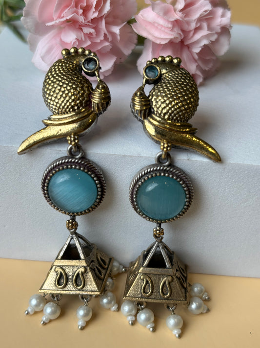 Chhavi Blue Stone Dual Tone Earrings