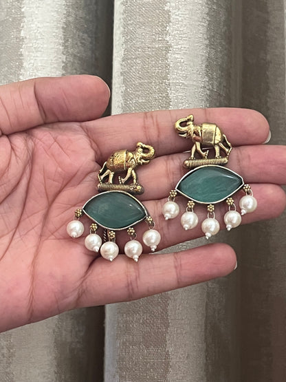Sanika Sea Green Elephant Dual Tone Earrings