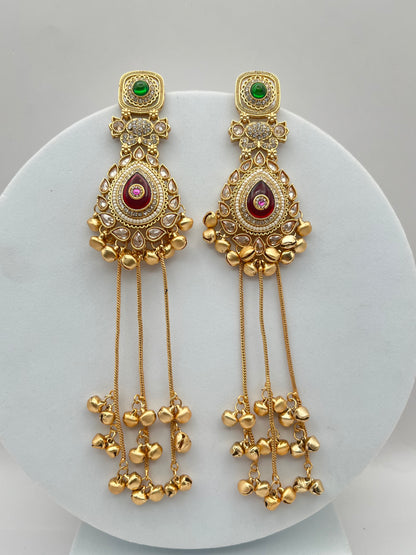 Pranavi Rajwadi Polish Golden Green and Red Kashmiri Earring