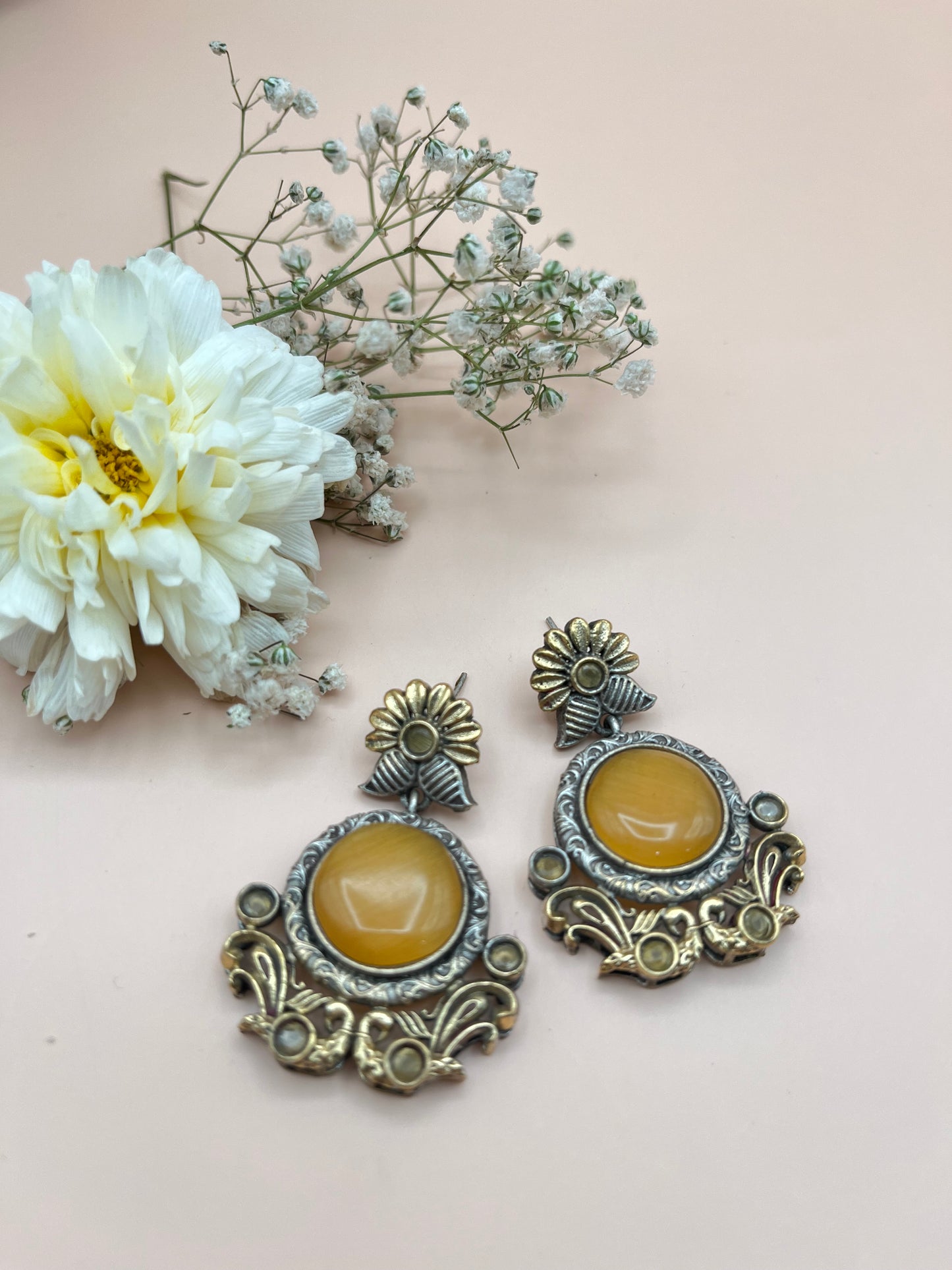 Anamika Yellow Stone Dual Tone Earrings