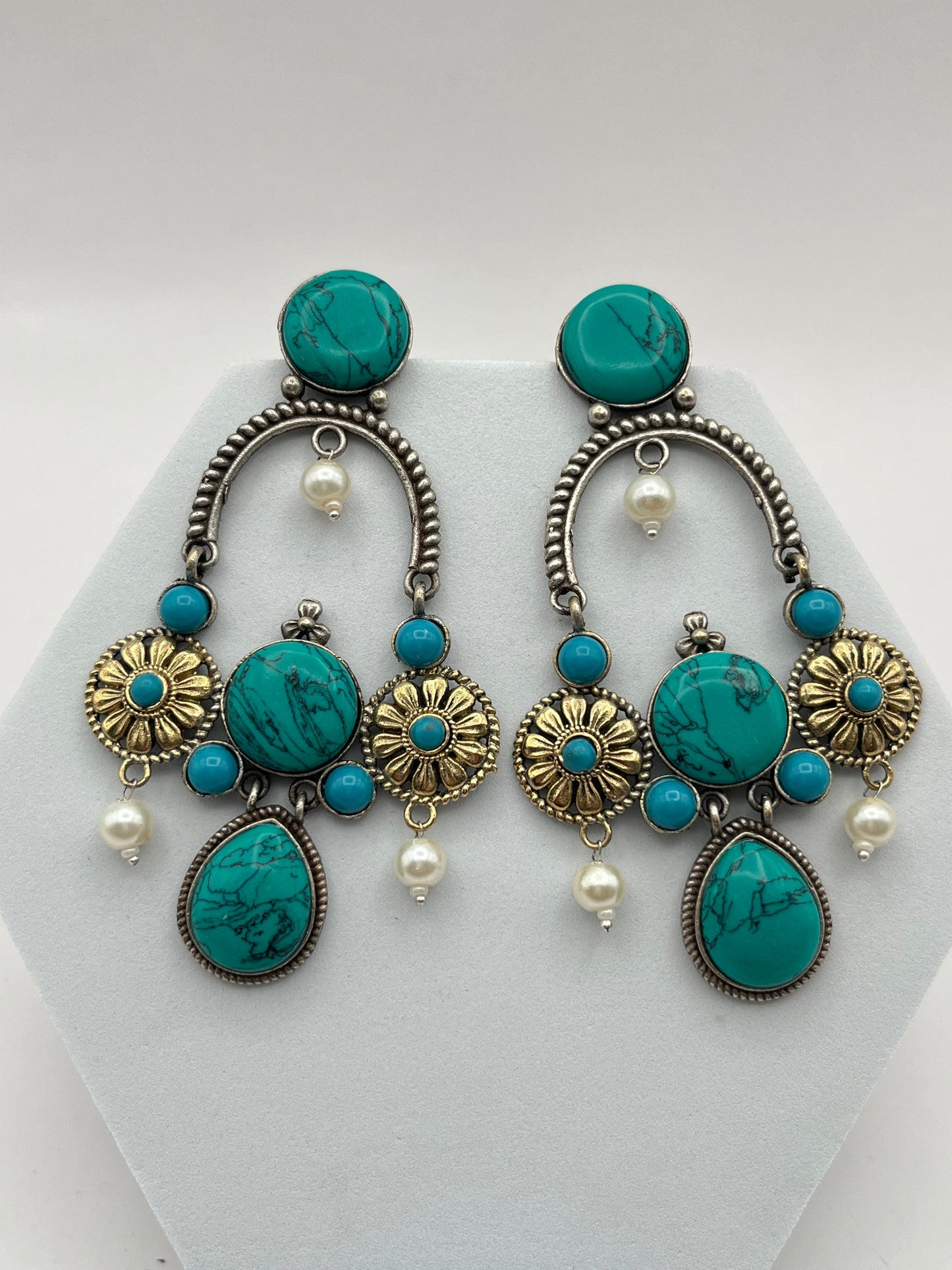 Prisha Turquoise Green Long Dual Tone Earrings
