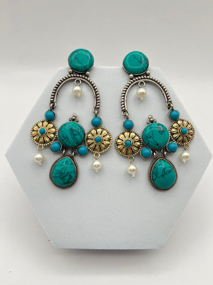 Prisha Turquoise Green Long Dual Tone Earrings