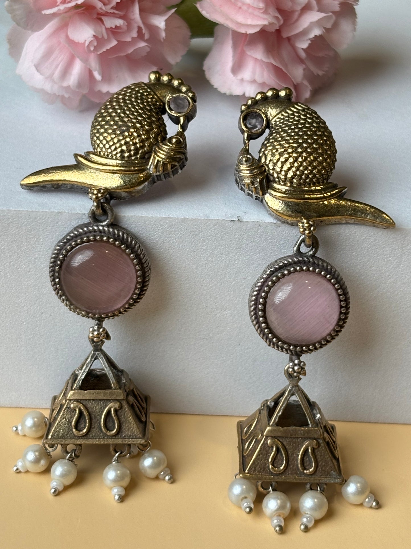 Chhavi Pink Stone Dual Tone Earrings