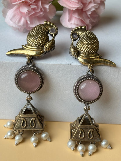 Chhavi Pink Stone Dual Tone Earrings