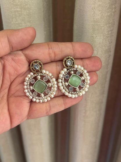 Nirvi Light Green Stone Pearl Earrings