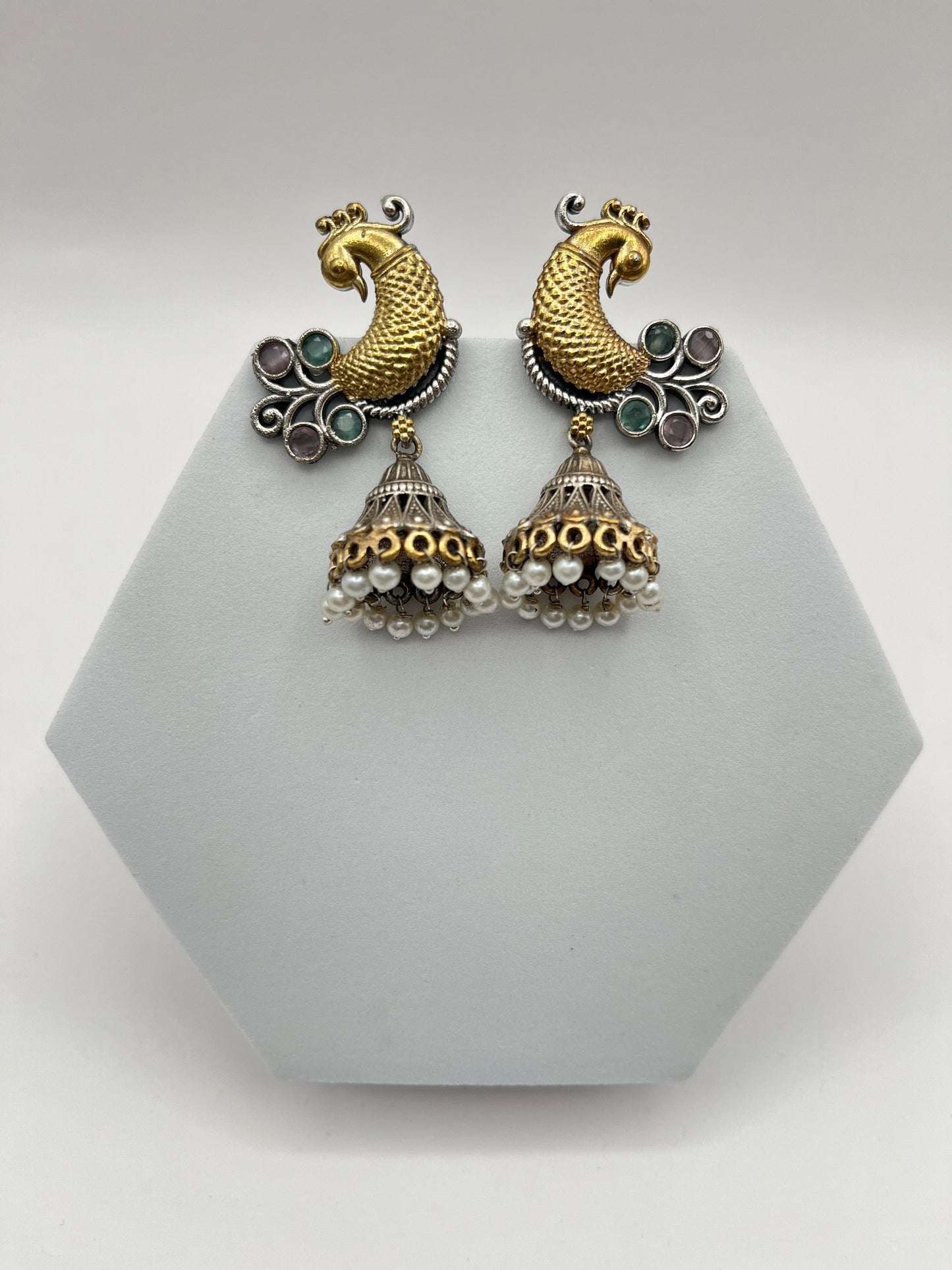 Aarohi Pink & Sea Green Peacock Dual Tone Earrings