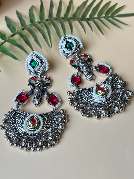 Pranali Pink and Green Stone Oxidized Earrings