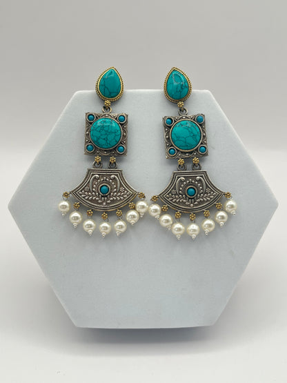 Shivani Turquoise Blue Dual Tone Long Earrings