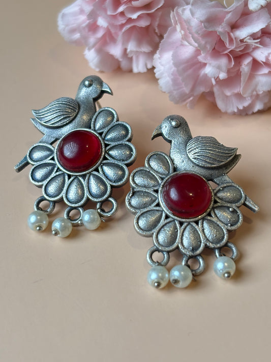 Ojasvi Bird with Red stone Oxidized Earring
