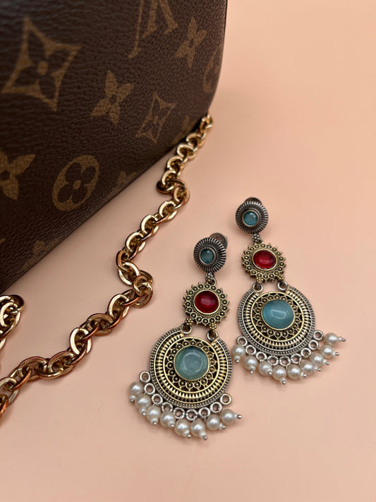 Vanshi Blue & Red Dual Tone long Earrings