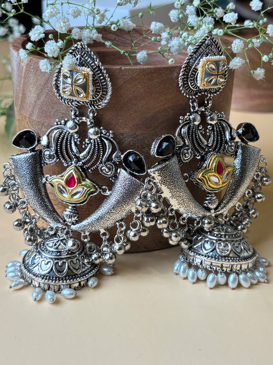 Mrinali Black Stone Oxidized Long Earring