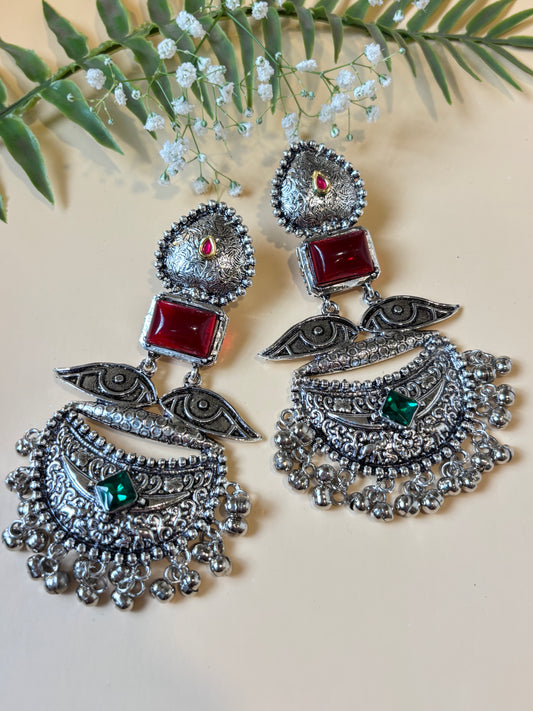 Naina Red & Green Stone Oxidized Earring