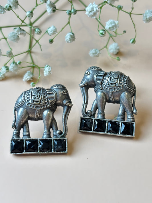 Hasti Elephant with Black stone Oxidized Earring