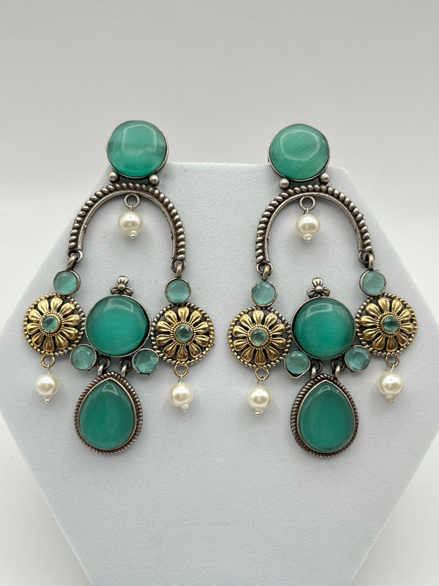 Prisha Sea Green Long Dual Tone Earrings