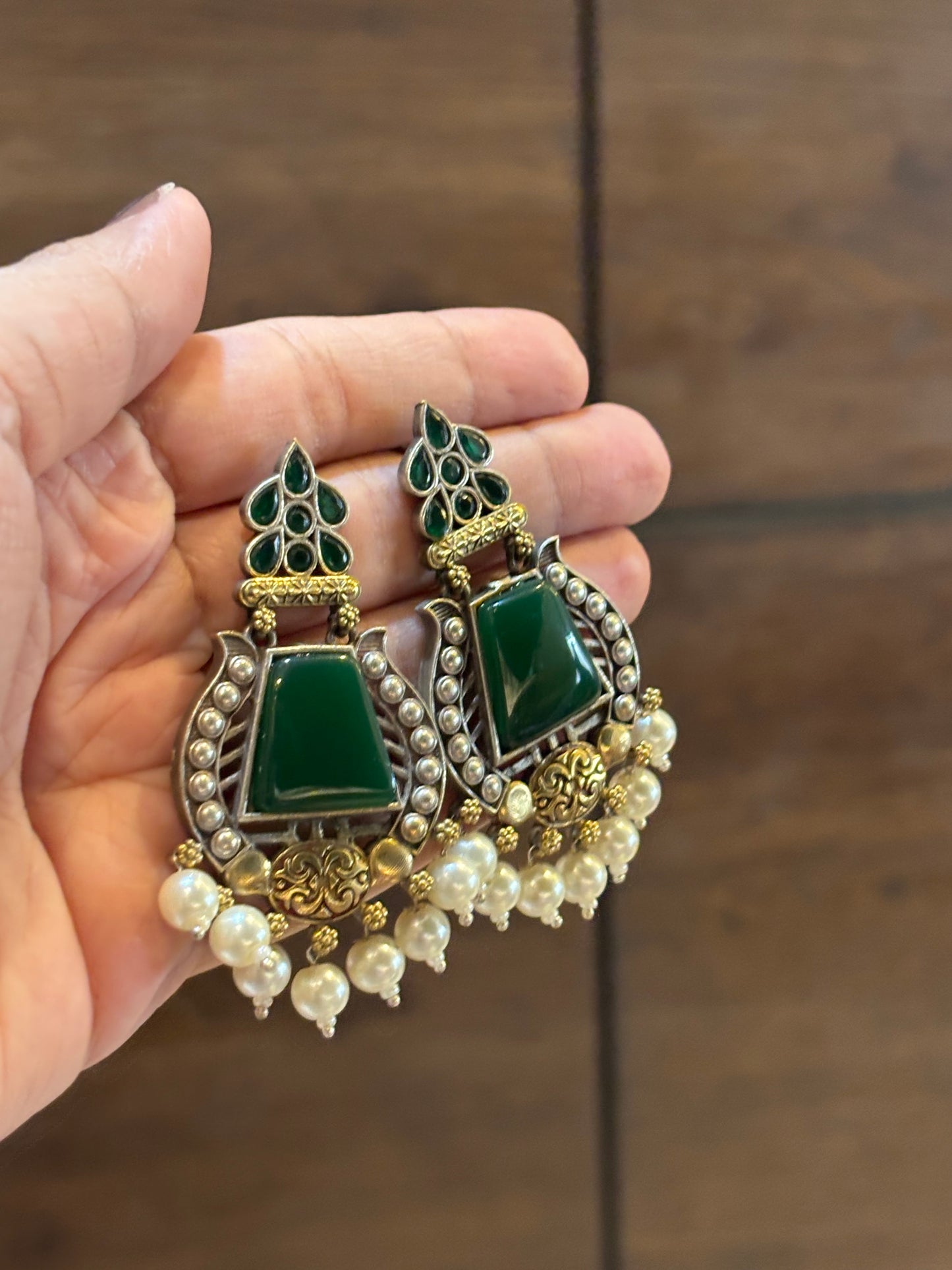 Bhumika big green stone pearl hanging earring