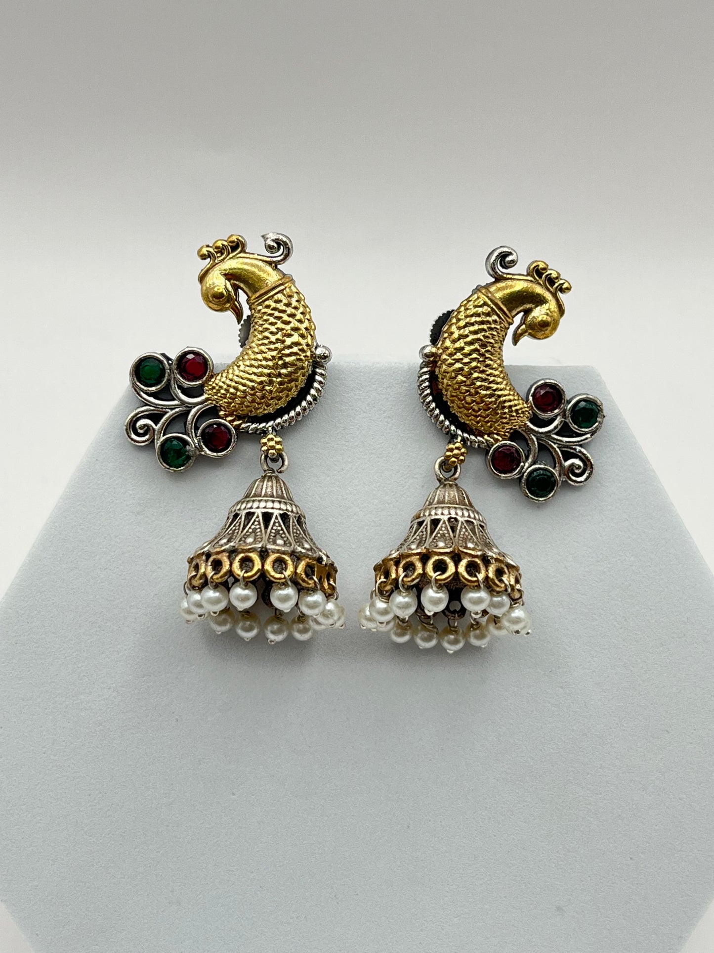 Aarohi Red & Green Peacock Dual Tone Earrings