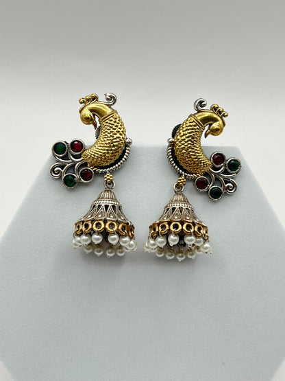 Aarohi Red & Green Peacock Dual Tone Earrings