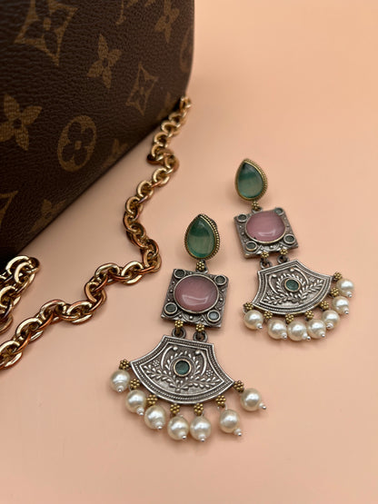 Shivani Pink & Sea Green dual tone long Earrings