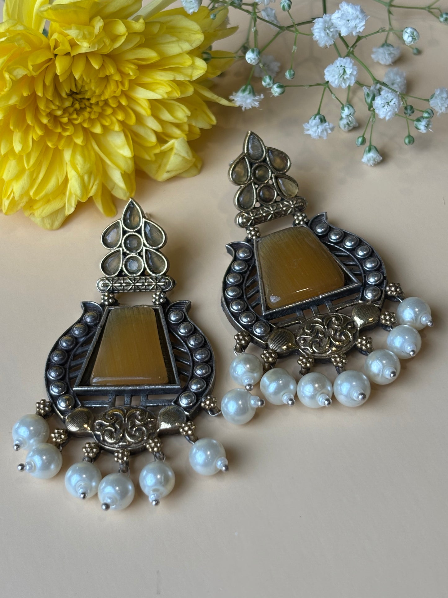 Bhumika big yellow stone pearl hanging earring