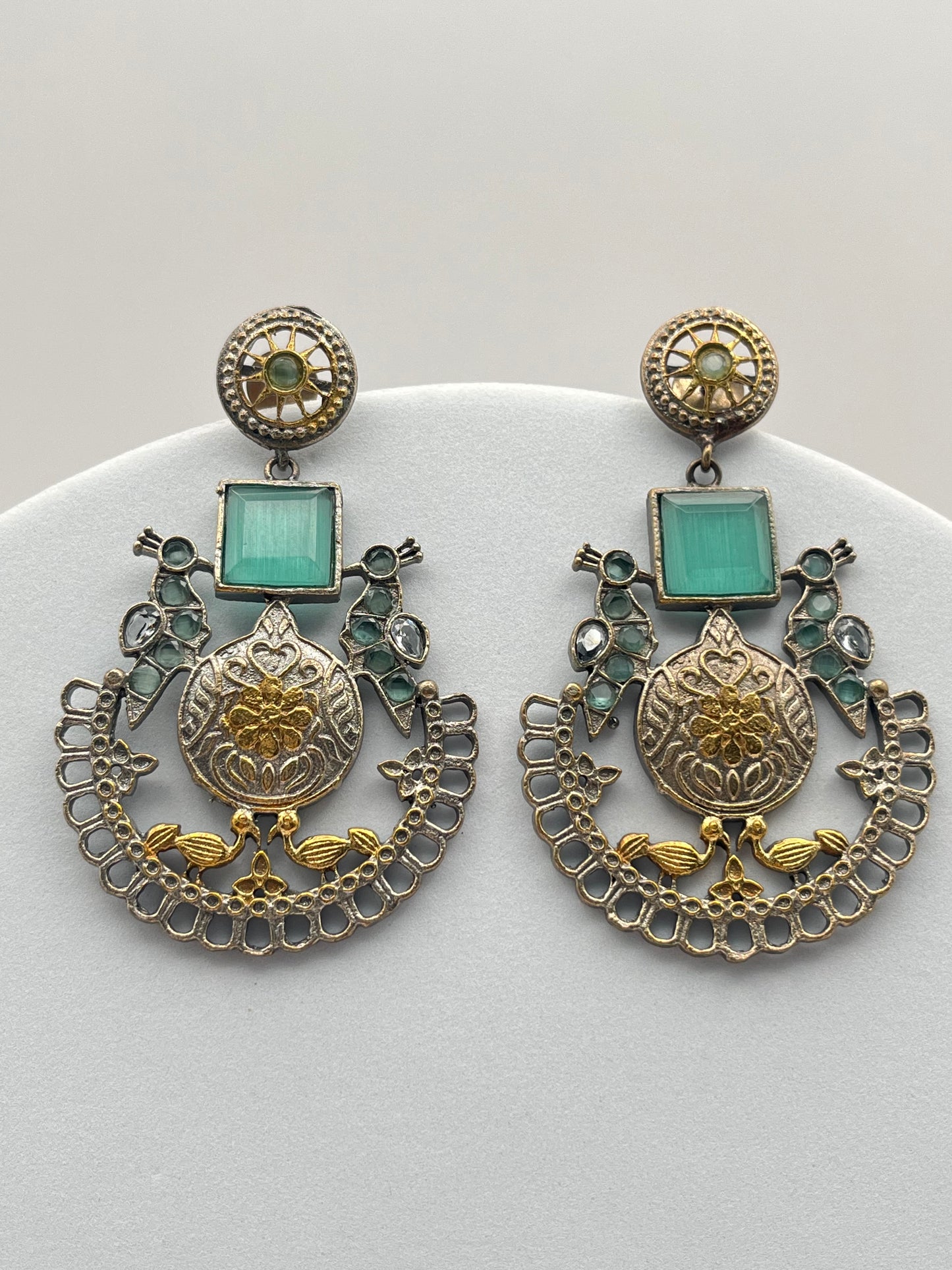 Jhanvi Sea Green Stone Dual Tone Earring