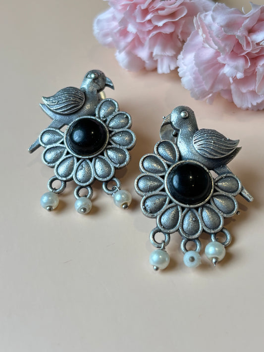 Ojasvi Bird with Black stone Oxidized Earring