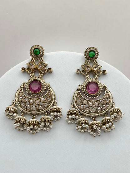 Swasti Green and Pink Chandbali Earring