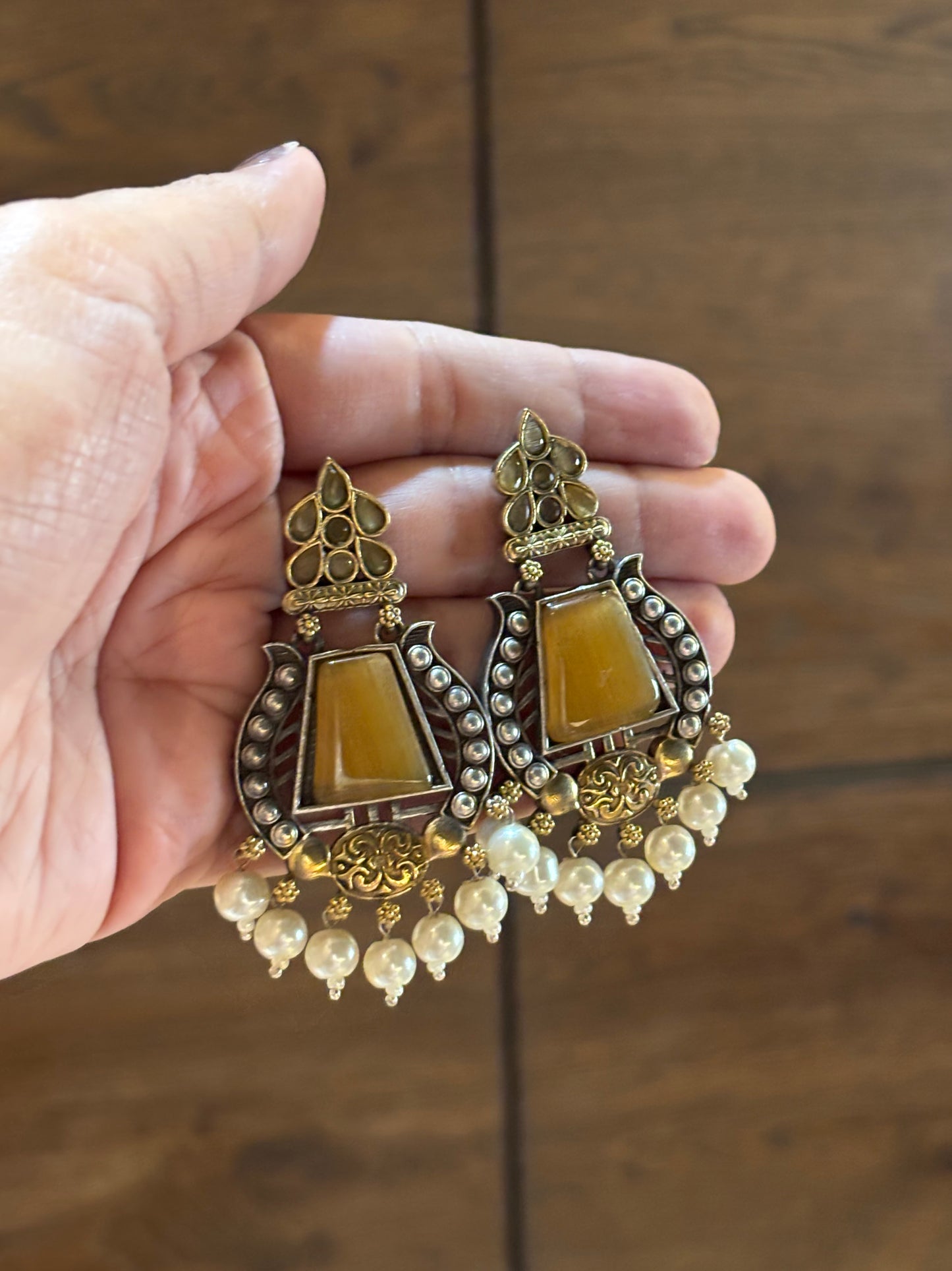 Bhumika big yellow stone pearl hanging earring