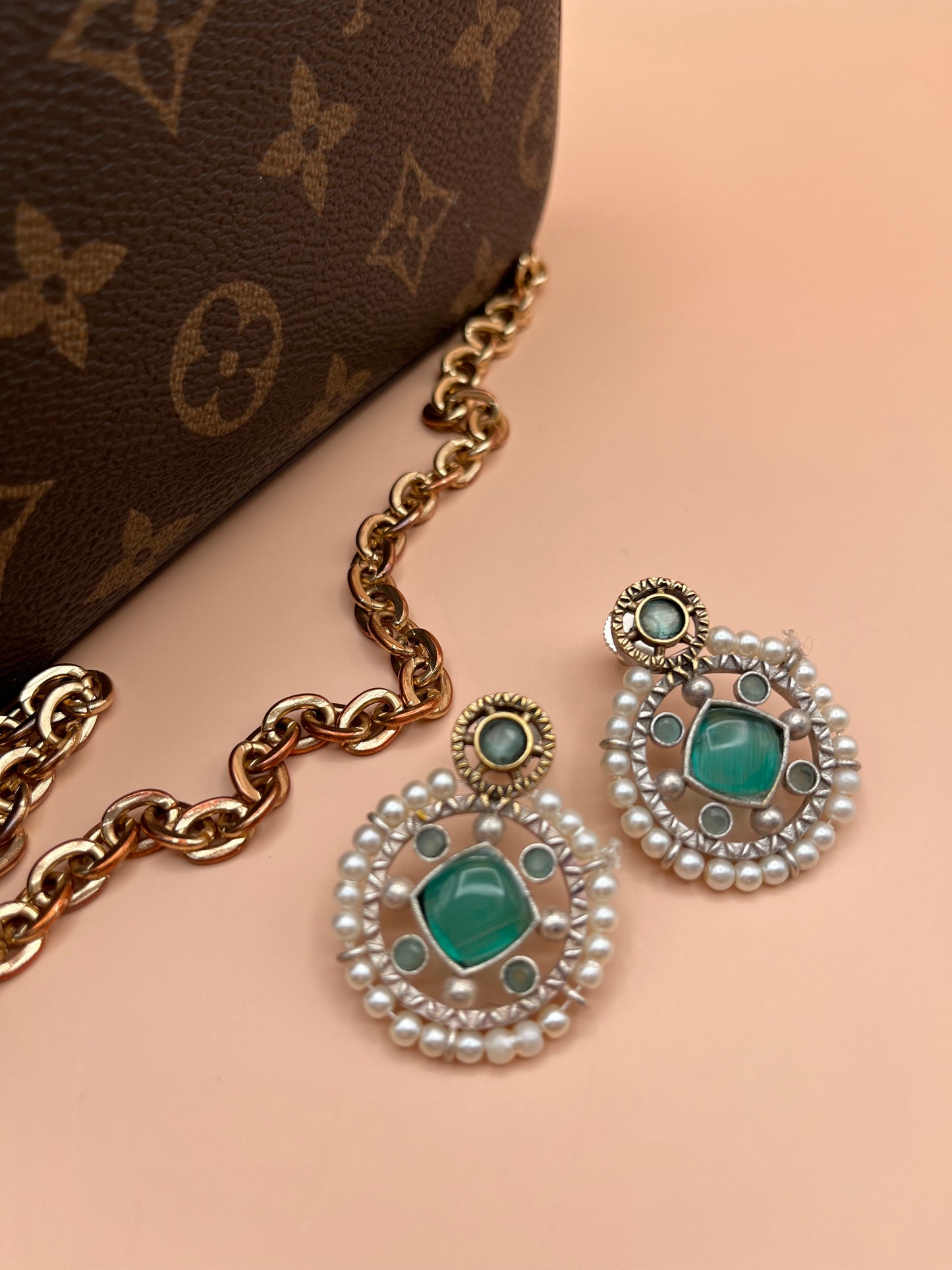 Nirvi Sea Green Stone Pearl Earrings