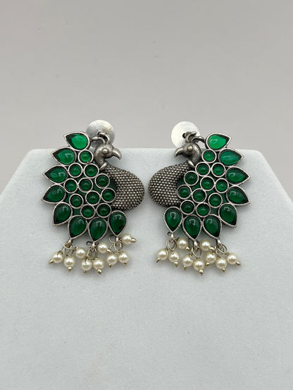 Mohini Green stone peacock oxidized earring