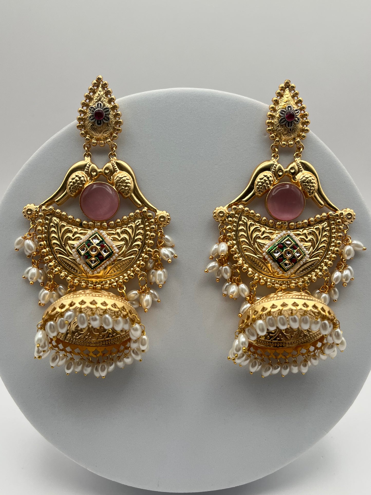 Sharvari Pink Stone Long Golden Earring