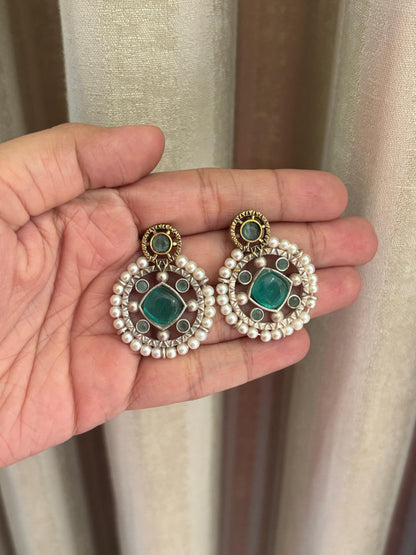 Nirvi Sea Green Stone Pearl Earrings