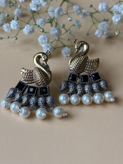 Vrishika Swan shape Black stone Dual Tone earrings