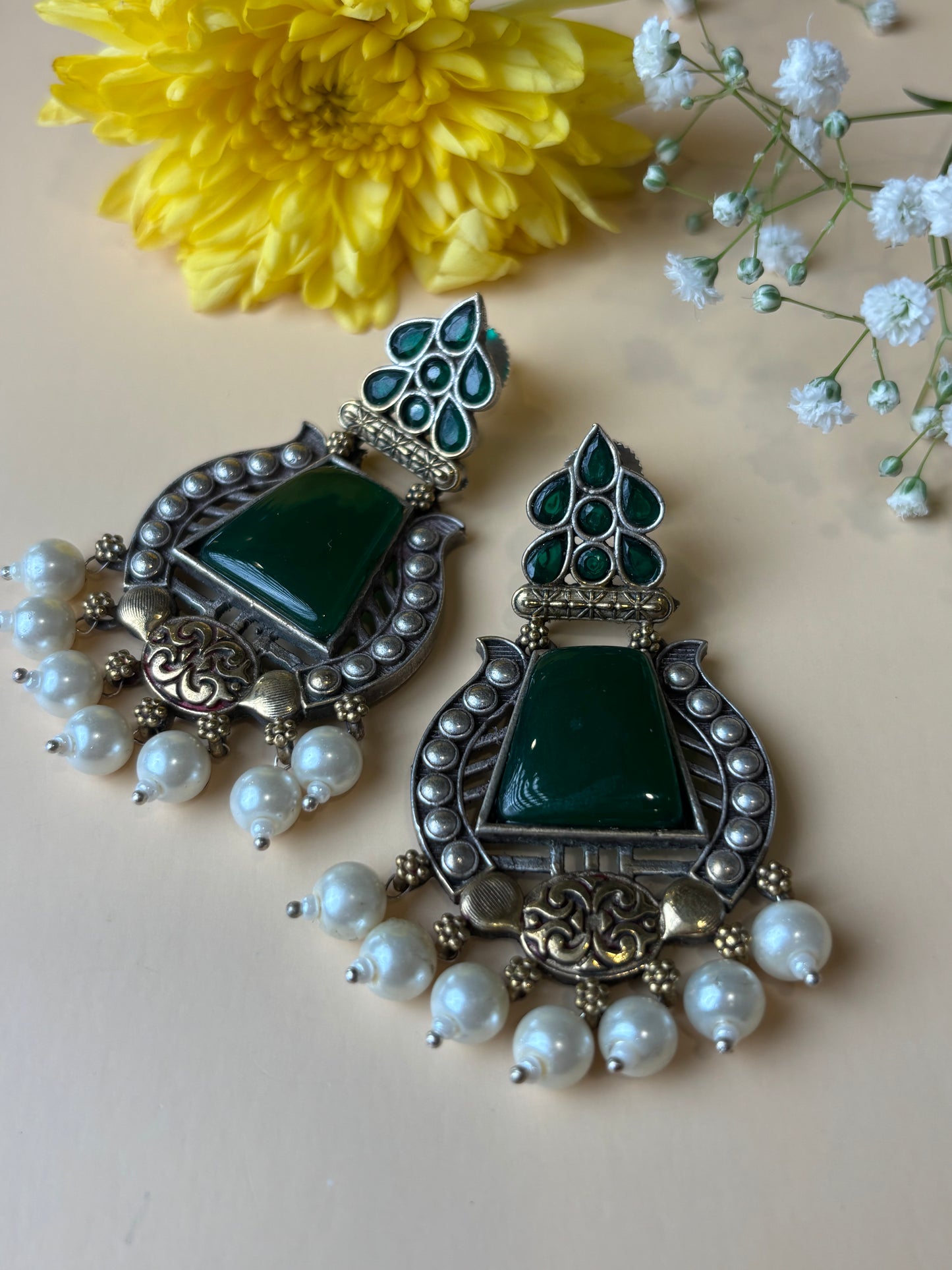 Bhumika big green stone pearl hanging earring
