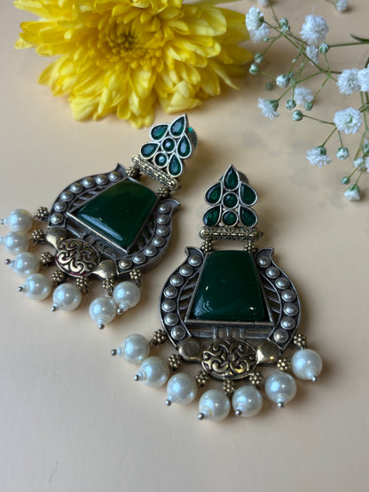 Bhumika big green stone pearl hanging earring
