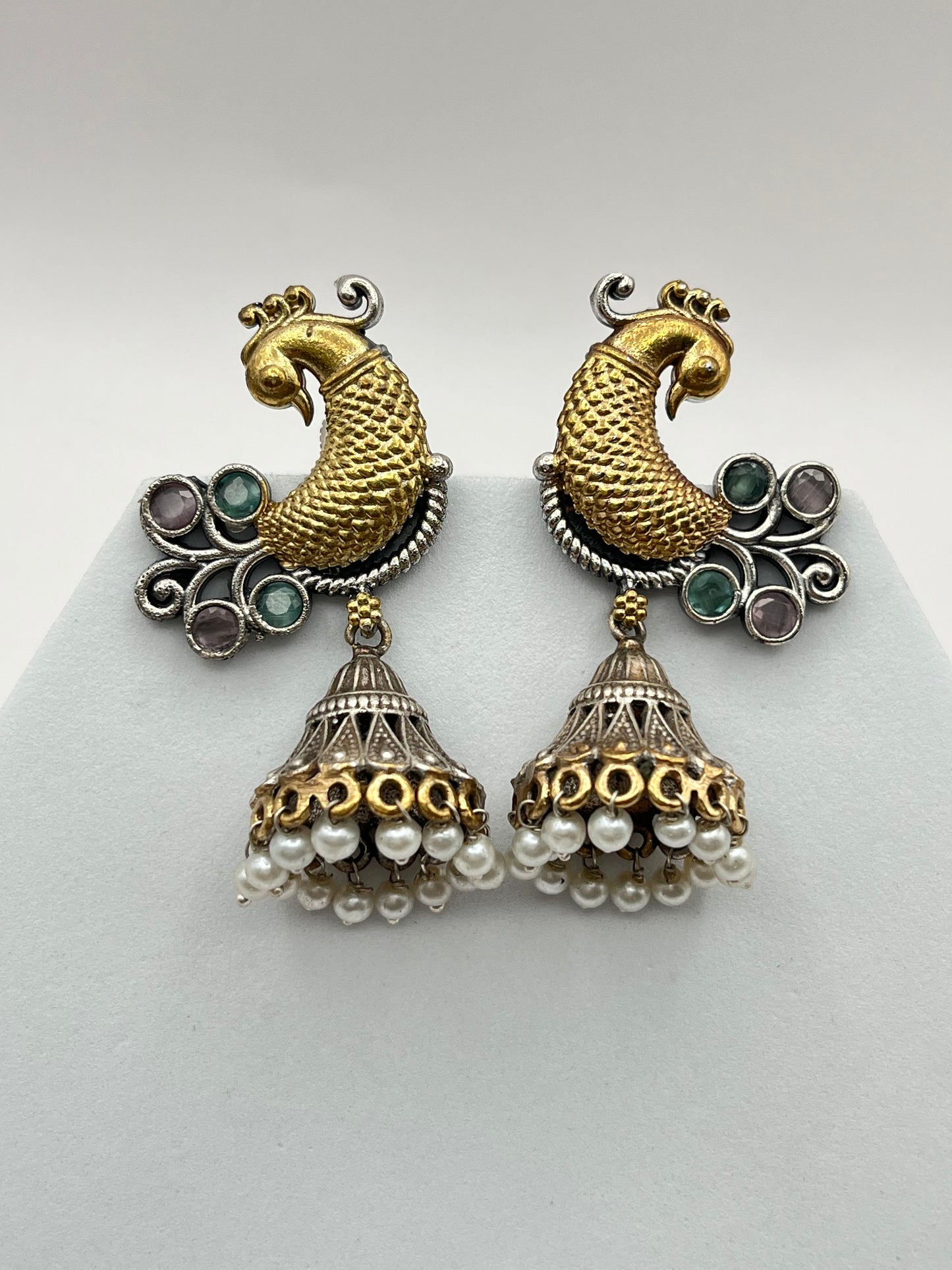 Aarohi Pink & Sea Green Peacock Dual Tone Earrings