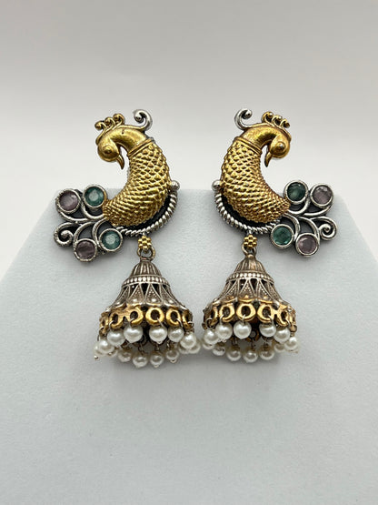 Aarohi Pink & Sea Green Peacock Dual Tone Earrings