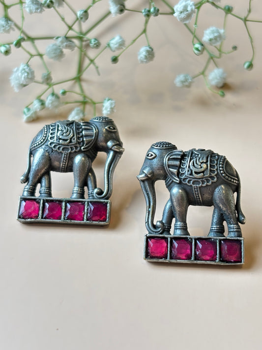 Hasti Elephant with Pink stone Oxidized Earring