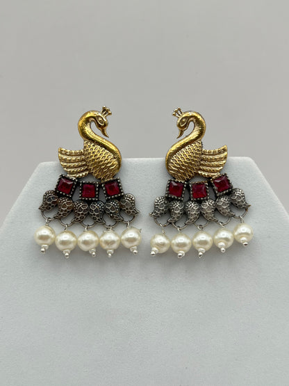 Vrishika Swan shape Pink stone Dual Tone earrings