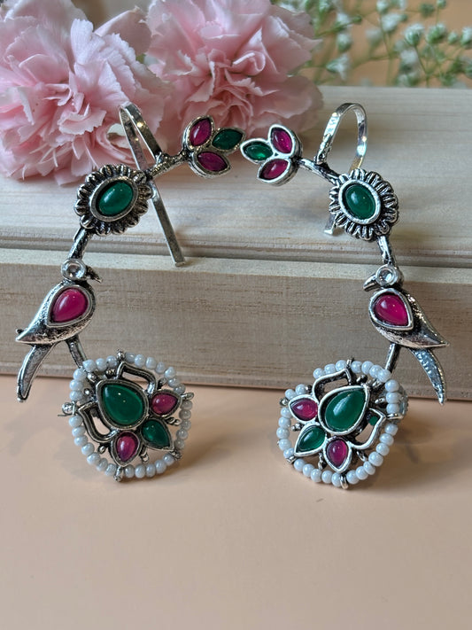 Tripti Pink & Green flower Earcuffs