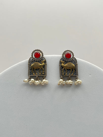 Swati Red Stone Dual Tone Earrings