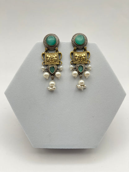 Mehar Sea Green Stone Dual tone earrings