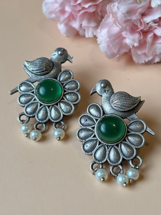 Ojasvi Bird with Green stone Oxidized Earring