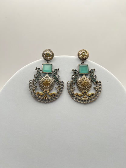 Jhanvi Sea Green Stone Dual Tone Earring