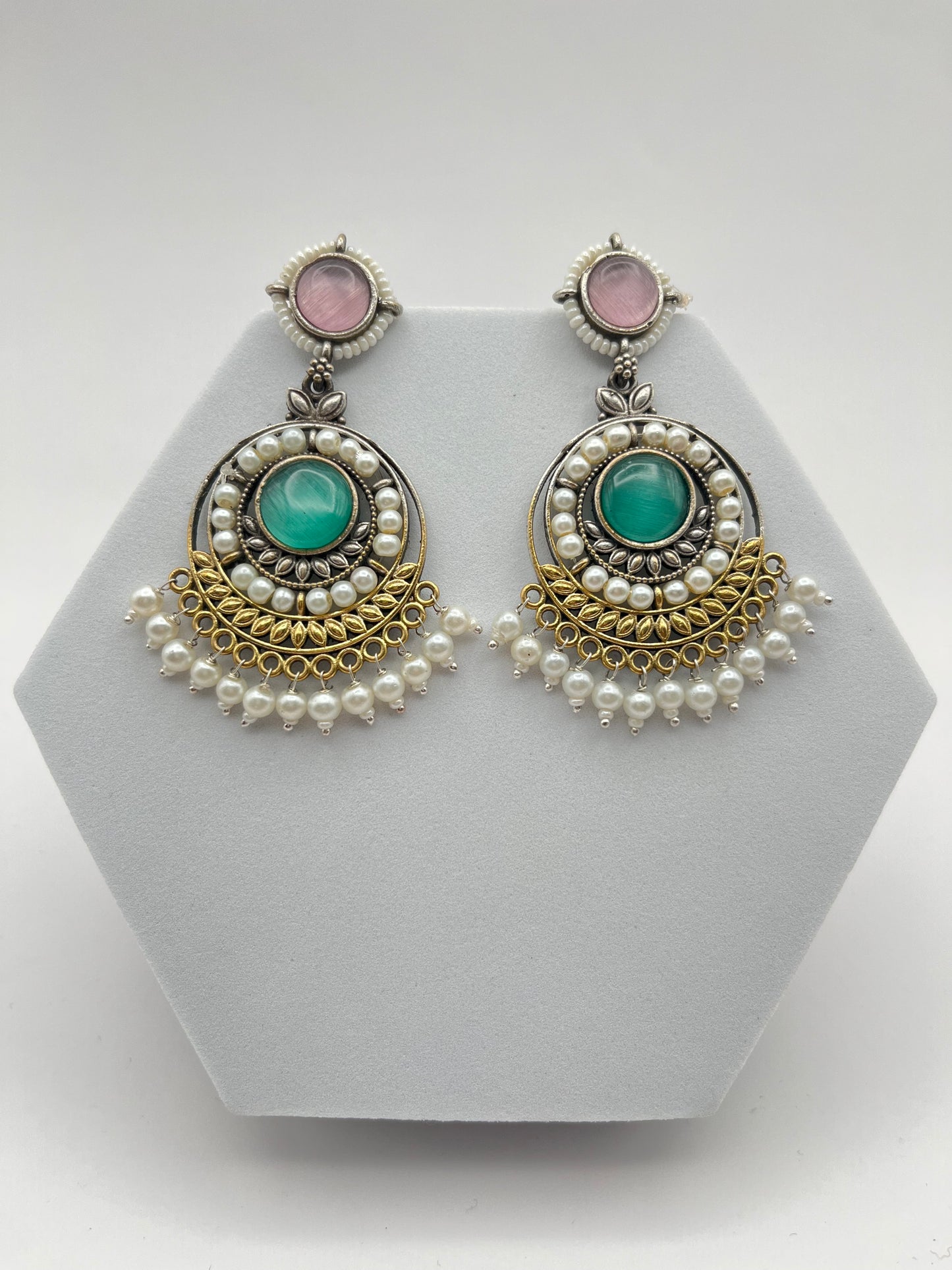 Priyali Sea Green & Pink Pearl Chandbali