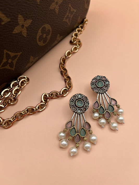 Shreya Pink & Sea Green Oxidized Earrings