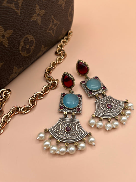 Shivani Turquoise Blue & Red Dual tone long Earrings