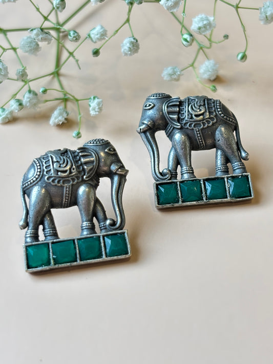 Hasti Elephant with Green stone Oxidized Earring